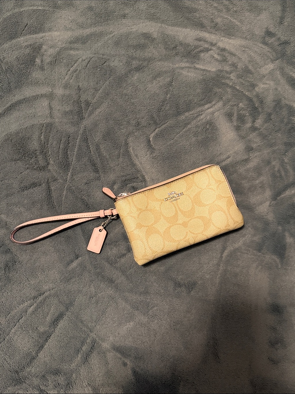 Coach Yellow Signature Canvas Wristlet with Pink Leather Trim